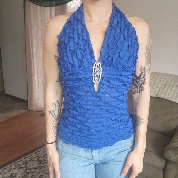 body c Tops - Body C Blue Ruffle Halter Top With Brooch Detail Size Medium
